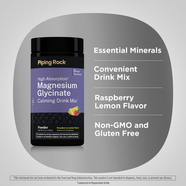 Product highlights graphic stating Essential Minerals, Convenient Drink Mix, Raspberry Lemon Flavor, Non-GMO and Gluten Free.
