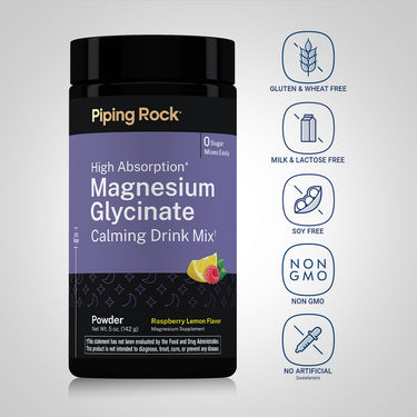 Magnesium Glycinate bottle with icons indicating gluten-free, wheat-free, lactose-free, soy-free, non-GMO, no artificial sweeteners.