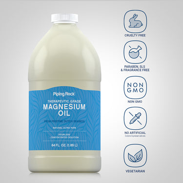 Magnesium Oil bottle with icons indicating cruelty free, paraben, fragrance free, non-GMO, no artificial colors, vegetarian.