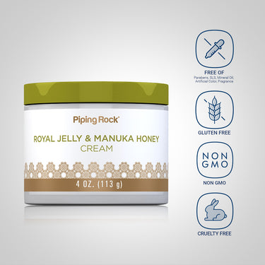 Royal Jelly & Manuka Honey Cream bottle with icons indicating it is paraben-free, SLS-free, mineral oil-free, non-GMO, and cruelty-free.