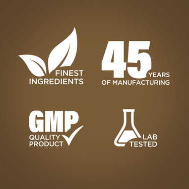 Infographic showing finest ingredients, 45 years of manufacturing expertise, GMP quality, and lab-tested assurance.