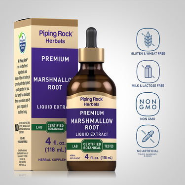Marshmallow Root Liquid Extract bottle with icons indicating Gluten-Free, Wheat-Free, Lactose-Free, Non-GMO, No Artificial Additives.