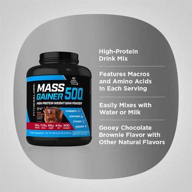 Product highlights graphic stating High-Protein Drink Mix, Macros & Aminos Per Serving, Mixes Water or Milk, Gooey Choc Brownie Flavor w/Natural Flavors