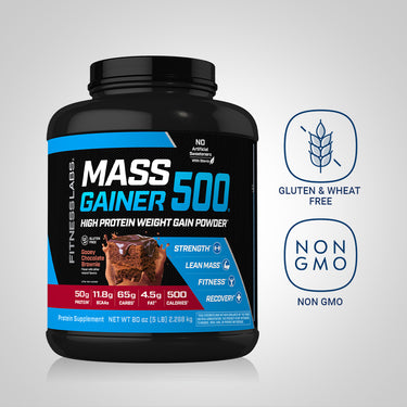 Mass Gainer 500 bottle with icons indicating Gluten & Wheat Free, Non-GMO, Gluten Free, No Artificial Sweeteners.