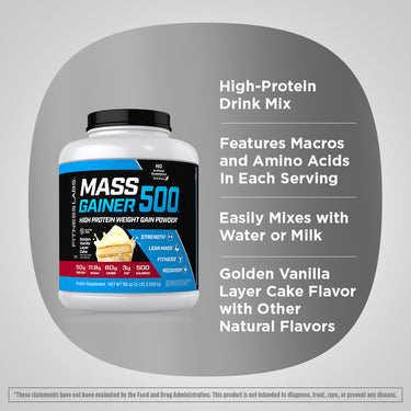 Product highlights graphic stating High-Protein Drink Mix, Macros & Amino Acids Per Serving, Mixes with Water or Milk, Golden Vanilla Flavor.