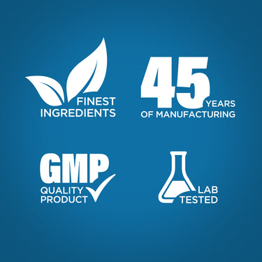 Infographic showing finest ingredients, 45 years of manufacturing, GMP quality, and lab-tested products.