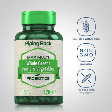Whole Greens Multi bottle with icons indicating Gluten & Wheat Free, Non GMO, No Artificial Flavors, Sweeteners, or Colors.