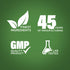 Infographic showcasing finest ingredients, 45 years of manufacturing, GMP quality product, and lab tested assurance.