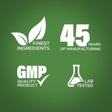 Infographic showcasing finest ingredients, 45 years of manufacturing, GMP quality product, and lab tested assurance.