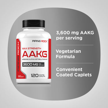 Product highlights graphic stating 3,600 mg AAKG per serving, Vegetarian Formula, Convenient Coated Caplets.