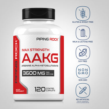 AAKG bottle with icons indicating Gluten, Wheat, Milk, Lactose, and Soy Free, Non-GMO, No Artificial Flavors, Sweeteners, Colors, or Preservatives.