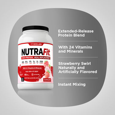Product highlights graphic stating Extended-Release Protein Blend, With 24 Vitamins and Minerals, Strawberry Swirl Naturally and Artificially Flavored, Instant Mixing