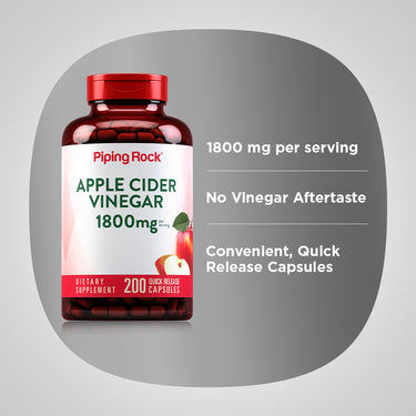 Product highlights graphic stating 1800 mg per serving, no vinegar aftertaste, and convenient, quick release capsules.