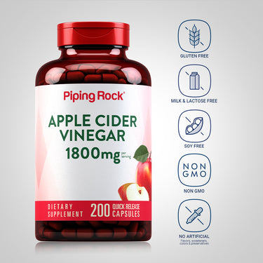 Apple Cider Vinegar bottle with icons indicating Gluten Free, Milk & Lactose Free, Soy Free, Non-GMO, No Artificial Additives.