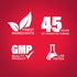 Infographic stating finest ingredients, 45 years of manufacturing experience, GMP quality product, and lab-tested assurance.