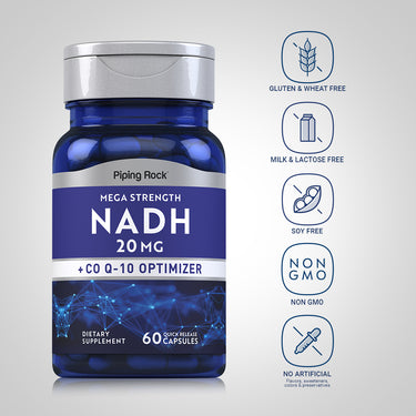 NADH bottle with icons indicating Gluten & Wheat Free, Milk & Lactose Free, Soy Free, Non GMO, no artificial additives.