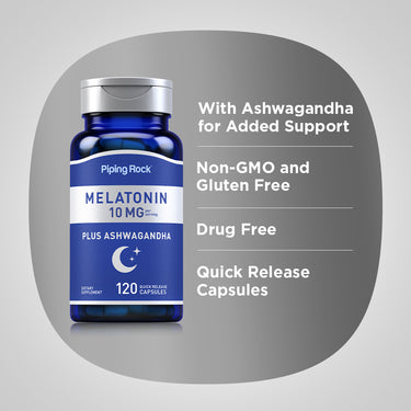 Melatonin Plus Ashwagandha, 10 mg (per serving), 120 Quick Release Capsules