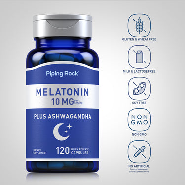 Melatonin Plus Ashwagandha, 10 mg (per serving), 120 Quick Release Capsules