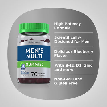 Product highlights graphic stating High Potency Formula, Designed for Men, Blueberry Flavor, With B-12, D3, Zinc, Non-GMO, Gluten Free.