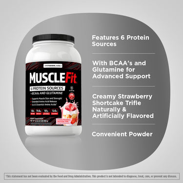 Product highlights graphic stating 6 Protein Sources, BCAA's & Glutamine for Support, Creamy Strawberry Shortcake Trifle Nat/Art Flavored, Convenient Powder