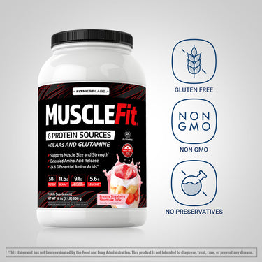 MuscleFit Protein bottle with icons indicating gluten-free, non-GMO, and no preservatives features.
