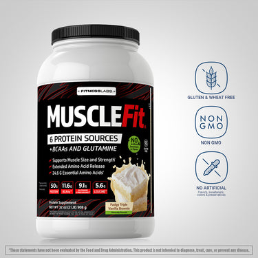 MuscleFIt Protein bottle with icons indicating gluten & wheat free, non GMO, no artificial flavors, sweeteners, colors, preservatives.