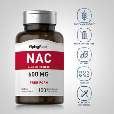 NAC bottle with icons indicating Gluten & Wheat Free, Milk & Lactose Free, Soy Free, Non-GMO, No Artificial Flavors/Sweeteners/Colors/Preservatives