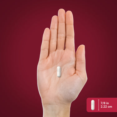 A capsule rests on an open palm, measuring 7/8 inch (2.22 cm).