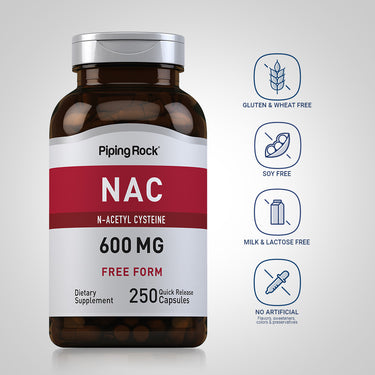 NAC bottle with icons indicating Gluten & Wheat Free, Soy Free, Milk & Lactose Free, No Artificial Flavors, Sweeteners, Colors, or Preservatives.