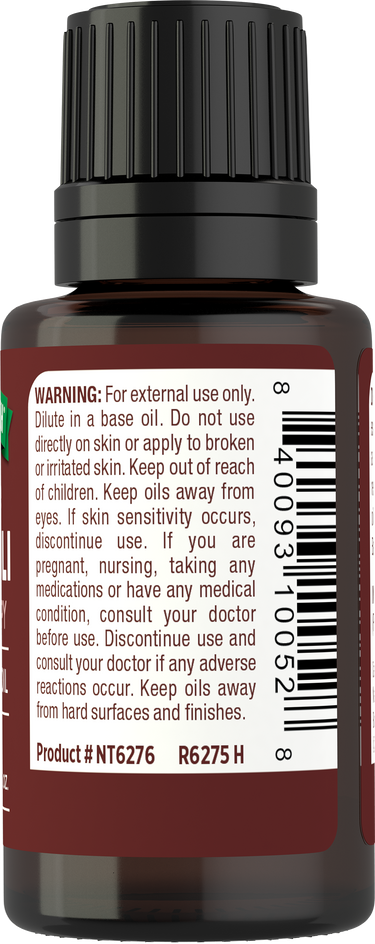 NT Patchouli Oil 15 mL bottle showing a warning label and product number NT6276 on the front.
