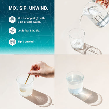NV MaxCalm Mag 10 with Saffron powder instructions: 'MIX. SIP. UNWIND.' steps: mix 1 scoop (6 g) with 8 oz. water, fizz, stir, sip.