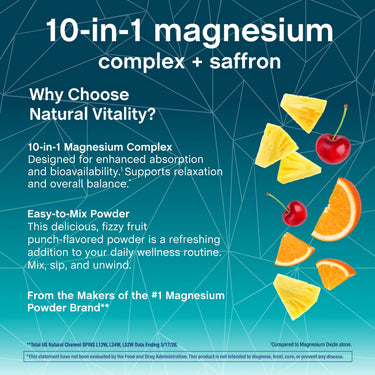 Product highlights graphic stating 10-in-1 Magnesium Complex for relaxation & balance, Easy-to-Mix fruit punch powder, From #1 Magnesium Powder Brand**