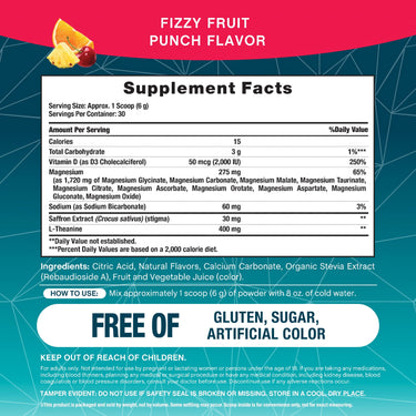 Supplement Facts for MaxCalm Mag 10 with Saffron 180 g Powder, detailing ingredients and nutritional information on the label.