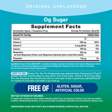 Supplement Facts for NV Calm Plus Calcium Unflavored, 16 oz bottle.