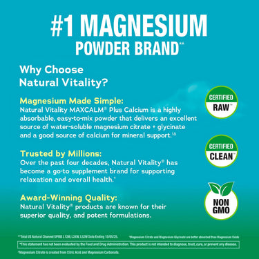 Infographic stating #1 Magnesium Powder Brand, Magnesium Made Simple, Trusted by Millions, Award-Winning Quality, CERTIFIED RAW, CERTIFIED CLEAN, NON GMO