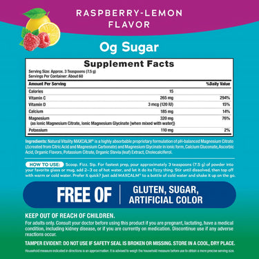 Supplement Facts for Natural Vitality Calm Plus Calcium Raspberry Lemon flavor, 16 oz (453 g) bottle.