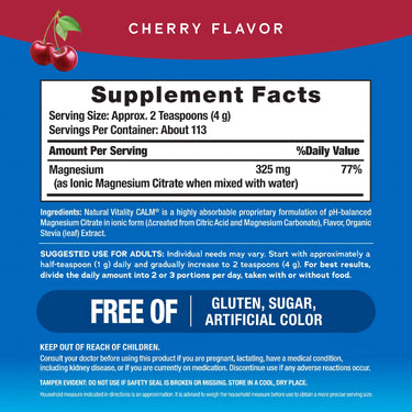 Supplement Facts panel for NV Calm Cherry, 16 oz (453 g) bottle.
