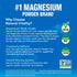 Infographic showing #1 Magnesium Powder as trusted, award-winning, Vegan, Certified Raw, Certified Clean, Non GMO Project Verified.