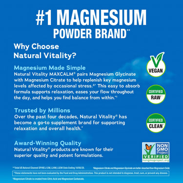Infographic showing #1 Magnesium Powder as trusted, award-winning, Vegan, Certified Raw, Certified Clean, Non GMO Project Verified.