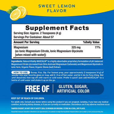 The Supplement Facts panel for NV Calm Lemon 8 oz Powder.