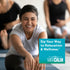 Young adult woman smiling in a yoga pose, with Natural Vitality Max Calm product overlay.