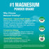 Infographic showing #1 Magnesium Powder with Magnesium + Calcium. Trusted, award-winning quality. Certified RAW, CLEAN, Non-GMO.