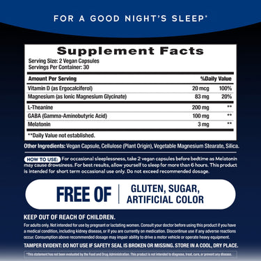 Supplement Facts for Calm Sleep Mag Glycinate with Melatonin in 60 vegetable capsules.