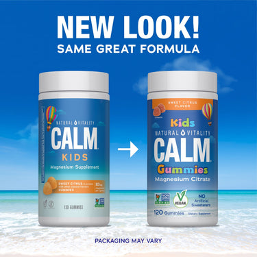 Natural Vitality Calm Kids Magnesium Gummies, Sweet Citrus, 120 count, showing new look and same formula packaging.