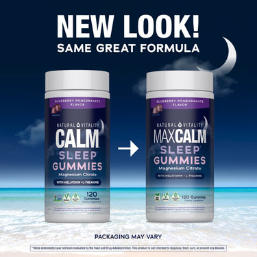 New look for Natural Vitality Sleep Gummies with Mag + Melatonin, now MaxCalm, 120 Blueberry Pomegranate gummies.