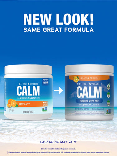 Natural Vitality Calm Orange 8 oz Powder tubs showing both old and new packaging designs.