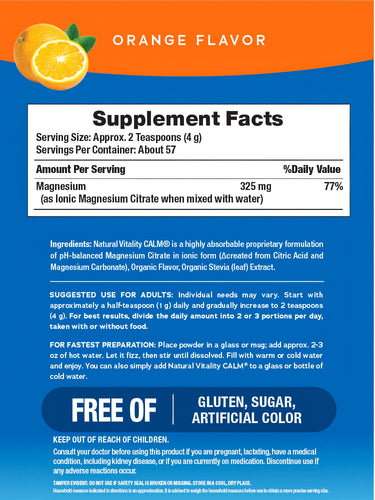 Supplement Facts panel detailing NV Calm Orange 8 oz Powder contents.