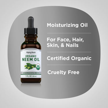 Product highlights graphic stating Moisturizing Oil, For Face, Hair, Skin, & Nails, Certified Organic, Cruelty Free