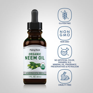 Neem Oil bottle with icons indicating Gluten Free, Non-GMO, No Artificial Color, Paraben, SLS, Mineral Oil, Fragrance, Preservatives, Petroleum, Cruelty Free.