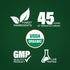 Infographic showcasing finest ingredients, 45 years of manufacturing, USDA Organic certification, GMP quality, and lab testing.